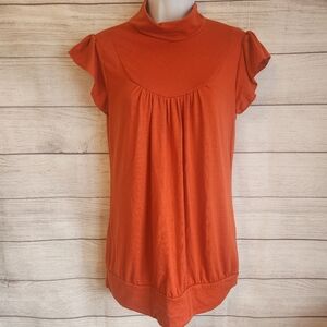 Kiwi Large Burnt Orange Mock Neck Top Flutter Sleeve Blouse NWT